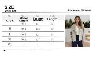 Detailed size chart for the grey lapel cardigan with sleeves and bust measurements
