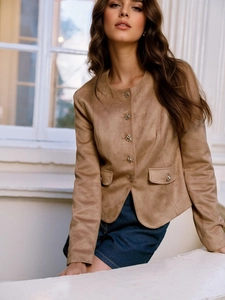 Classic round neck camel suede jacket with ornate metal buttons for women's fashion