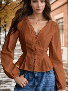French Style V Neck Lace Trim Long Sleeve Blouse Women Autumn Pleated Tie Waist Peplum Top Elegant Button Down Blouse Shirt