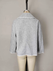 Short wool coat for women in grey with white wavy embroidery on collar and cuffs