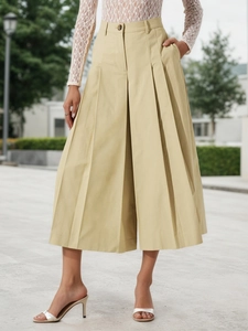 Elegant khaki high-waisted wide-leg pleated trousers for women with a relaxed fit