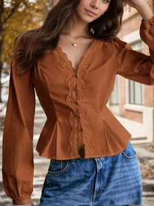 French style V-neck rust-colored lace-up long sleeve blouse with gathered waist and buttons