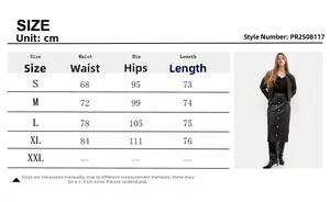 Size chart and measurement guide for the high-waisted black PU leather midi skirt with buttons