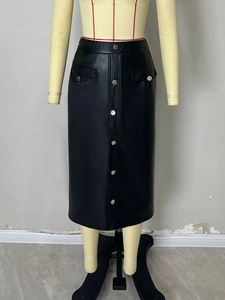 Women's black PU leather straight midi skirt featuring silver metal buttons and flap pockets