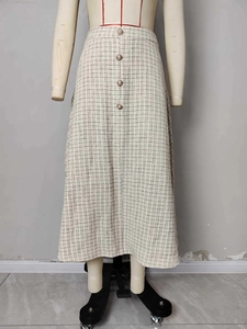 Elegante geruite tweed midi-rok in A-lijn met vintage parelknoppen voor dames op kantoor