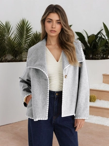 Women Autumn Elegant Light Grey Short Outerwear Scalloped Edge Embroidery Large Lapel Loose Cardigan Jacket Casual Streetwear