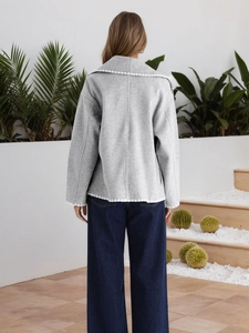 Short wool jacket with white wave embroidery and lapel collar in light grey