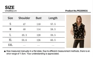Size chart detail for floral print fleece vest showing shoulder, bust, and length measurements