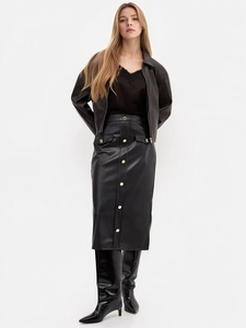 Women High Waist PU Faux Leather Midi Skirt Straight Pencil Skirt With Gold Buttons Pockets Slit Elegant Streetwear Top