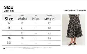 Size chart for plaid A-line midi skirt with waist and length measurements in centimeters