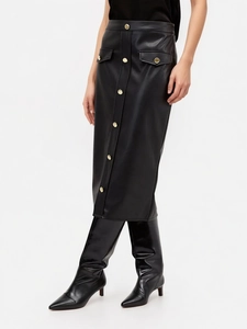 2025 Streetwear PU Leather Skirt with Golden Buttons and Flap Pockets for Women