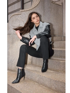 Giacca Corta da Donna in Color-block Moda Maniche in Pelle PU Rever Cerniera Tasca Stile Lana Streetwear Cappotto Autunnale