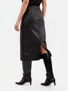 Chic black mid-length PU leather straight skirt with a sophisticated back slit detail