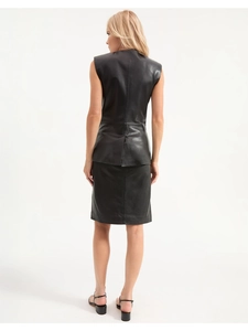 Ensemble élégant gilet sans manches et jupe en cuir PU noir avec coupe ajustée et zip