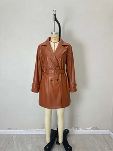 Gabardina de cuero PU marrón para mujer con doble botonadura y cinturón ajustable