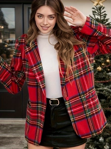 Blazer à Carreaux pour Femmes Noël Tartan Rouge Gris Rose Manches Longues Revers Veste de Tailleur Automne Hiver Bureau