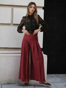 Pantalon à Jambes Larges Plissé à Taille Haute pour Femmes Élégant Couleur Unie Bureau Commuter Pantalon Long Mode Amincissant