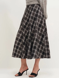 Retro high-waisted plaid A-line midi skirt for women in thick autumn wool blend fabric
