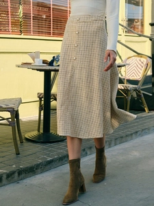 Dames Hoge Taille Tweed Geruite Midi-Rok Elegante A-Lijn Rok Met Kunstparelknoppen Kantoor Herfst Winter Pendelaar Mode Rok