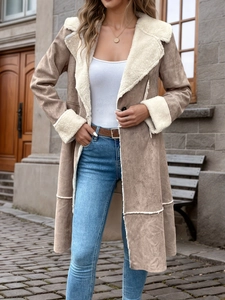 Manteau d'hiver femme en suédine camel avec col en polaire et doublure chaude
