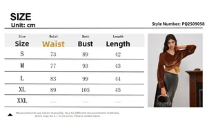 Detailed size guide table for velvet V-neck long sleeve top with model reference shot