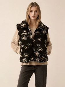 Women's Vintage Floral Print Faux Lamb Wool Vest Sleeveless Stand Collar Zip Up Warm Sherpa Fleece Waistcoat Winter Fashion Outerwear