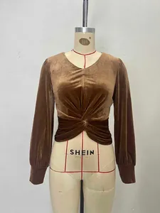Elegant brown velvet long sleeve top with chic front knot design and flattering V-neck