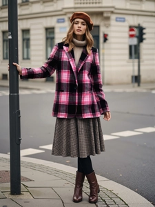 Manteau en laine à carreaux roses pour femmes avec béret sur fond de rue européenne