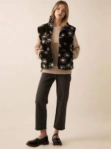 Women's floral sherpa vest with stand collar and zipper, styled for winter fashion