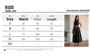 Size chart for high waist black PU leather A-line skirt with detailed measurements