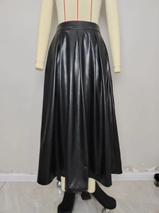 Elegant black high-waisted PU leather A-line pleated midi skirt with wide flared hem