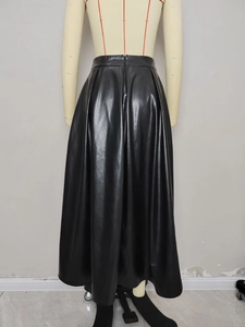 High waist black PU leather A-line pleated midi skirt with elegant wide swing hem