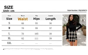 Size guide table for plaid skirt with waist, hip, and length measurements in cm