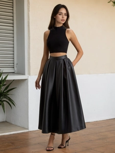 Women High Waist PU Leather A-Line Pleated Maxi Skirt Elegant Solid Color Big Swing Umbrella Skirt Office Lady Fashion