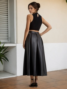Elegant high waist black PU leather midi pleated skirt with sleeveless halter top