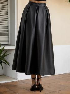 Detail view of the high waist PU leather skirt showing invisible back zipper and matte texture