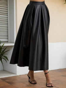 Elegant black high-waist PU leather midi skirt with A-line pleated design for women