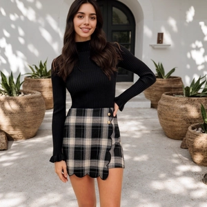 Close-up of black and white plaid shorts with wavy hem, embroidery, and gold buttons