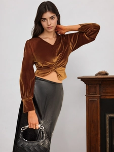 Women's French Chic Velvet V Neck Long Sleeve Top Autumn Twist Knot Slim Fit Elegant Solid Color Blouse Lady Office Party