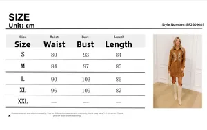 Detailed size chart for brown long sleeve suede embroidered dress shirt in S to XL