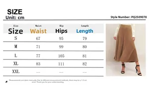Detailed size chart for high-waisted faux suede A-line midi skirt with measurements in cm