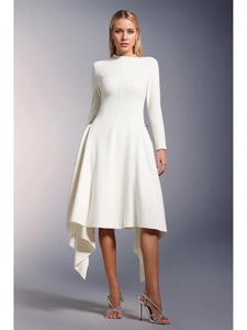 Abito Maxi Donna Elegante Manica Lunga Orlo Asimmetrico Collo Obliquo Vita Alta Tinta Unita Formale Festa Banchetto