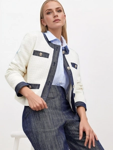 Giacca in Tweed Elegante Francese Donna Finitura a Contrasto Girocollo Cappotto Corto Capispalla a Maniche Lunghe Con Bottoni In Metallo