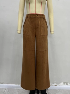 Damen Braune Hochtaillen-Weitbeinhose aus Wildleder mit gewebten Taschendetails