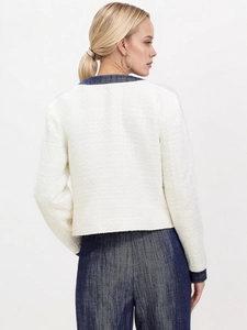Giacca in tweed stile francese crema con bordo in denim blu, elegante cappotto corto da donna