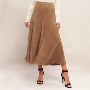 Detail of high-waist tan faux suede A-line midi skirt with vertical stitching lines