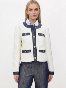 Giacca elegante in tweed stile francese con finiture a contrasto e bottoni in metallo