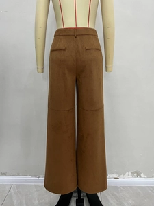 Damen-Hose aus braunem Wildlederimitat mit hoher Taille und weitem, geradem Schnitt