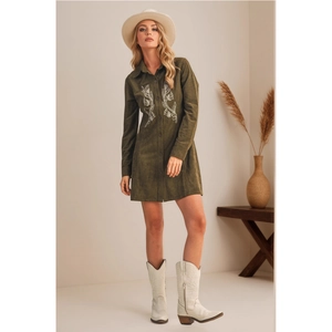 Detailed embroidery and button-down design on long-sleeve moss green suede shirt dress
