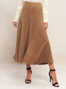 Women High Waist Faux Suede A-Line Midi Skirt Elegant Paneled Flare Solid Color Tan Khaki Long Skirt For Office Daily